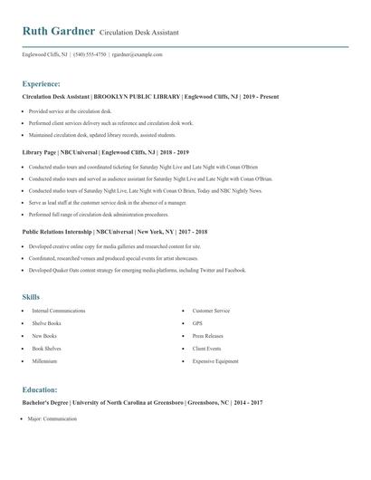 Circulation Desk Assistant Resume