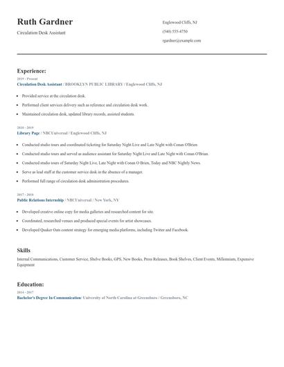 Circulation Desk Assistant Resume