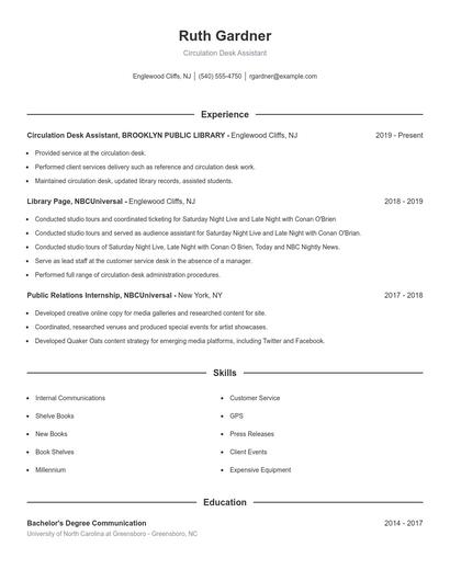 Circulation Desk Assistant Resume