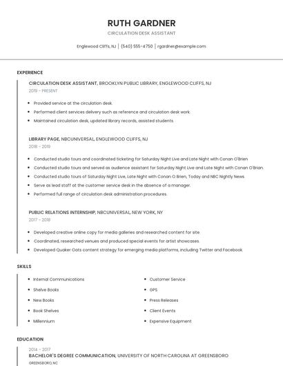 Circulation Desk Assistant Resume