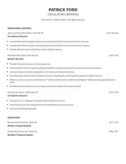 Circulation Librarian Resume