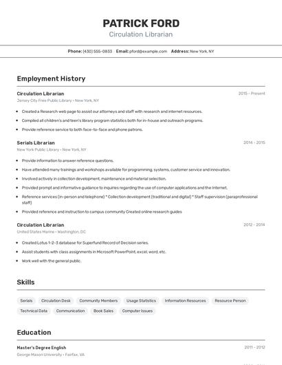 Circulation Librarian Resume