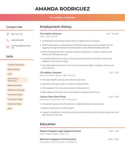 Circulation Librarian Resume