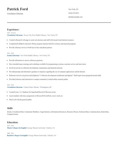 Circulation Librarian Resume