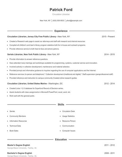 Circulation Librarian Resume