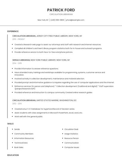 Circulation Librarian Resume