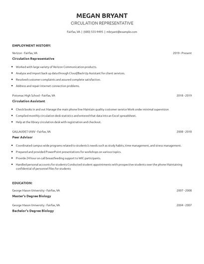 Circulation Representative Resume
