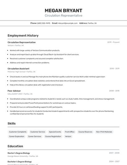 Circulation Representative Resume
