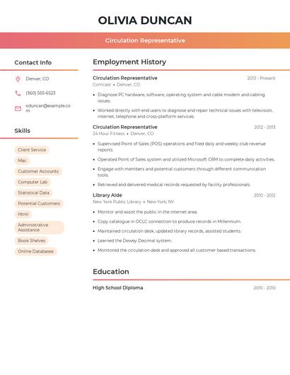 Circulation Representative Resume