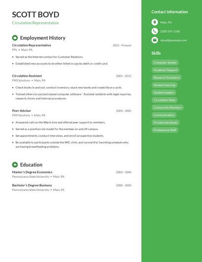 Circulation Representative Resume