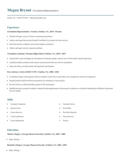 Circulation Representative Resume