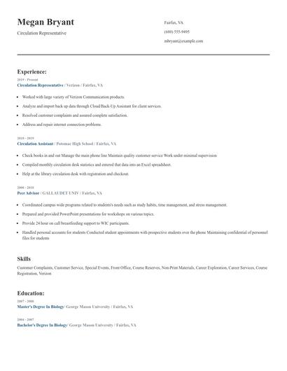 Circulation Representative Resume