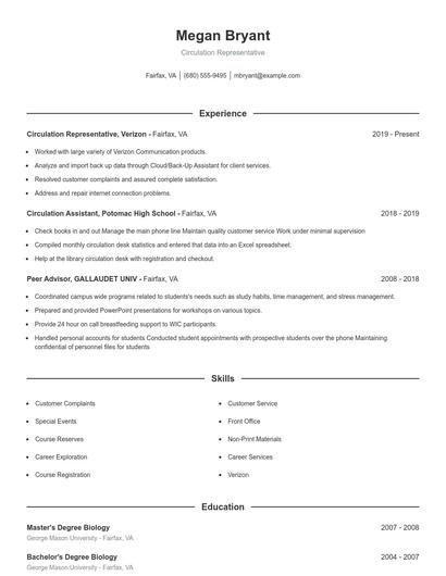 Circulation Representative Resume