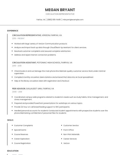 Circulation Representative Resume