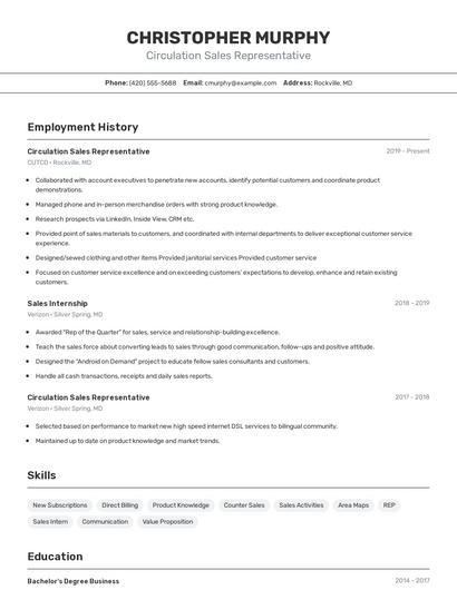 Circulation Sales Representative Resume
