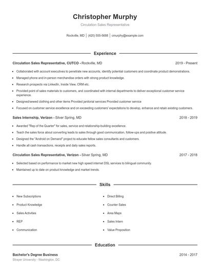 Circulation Sales Representative Resume