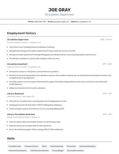 Circulation Supervisor Resume