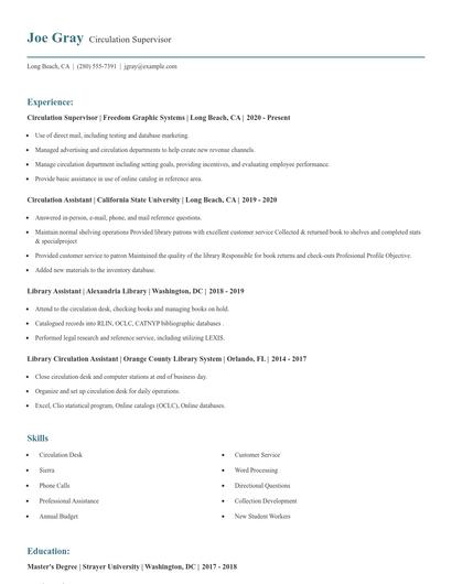 Circulation Supervisor Resume