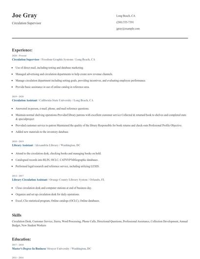 Circulation Supervisor Resume