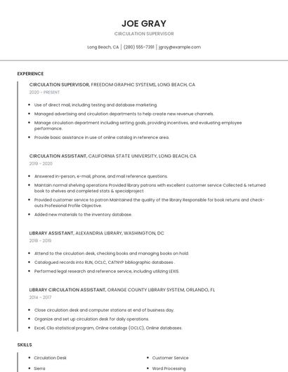Circulation Supervisor Resume