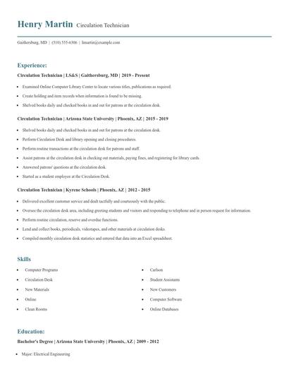 Circulation Technician Resume