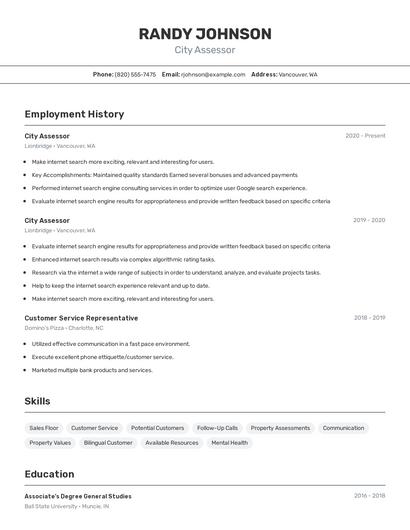 City Assessor Resume