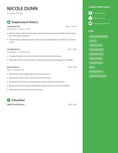 City Bus Driver Resume