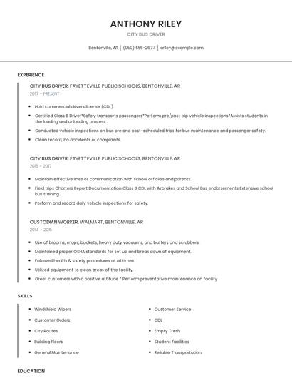 City Bus Driver Resume