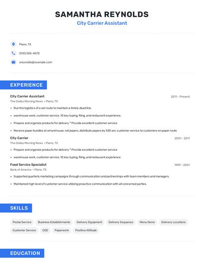 City Carrier Assistant Resume