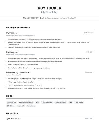 City Dispatcher Resume