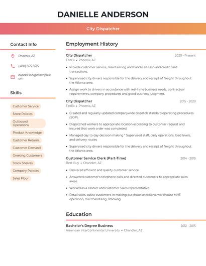 City Dispatcher Resume