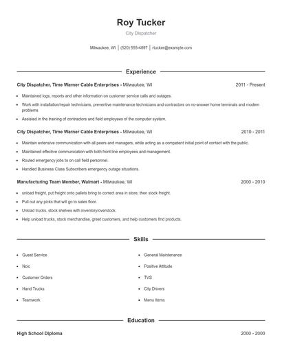 City Dispatcher Resume