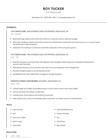 City Dispatcher Resume