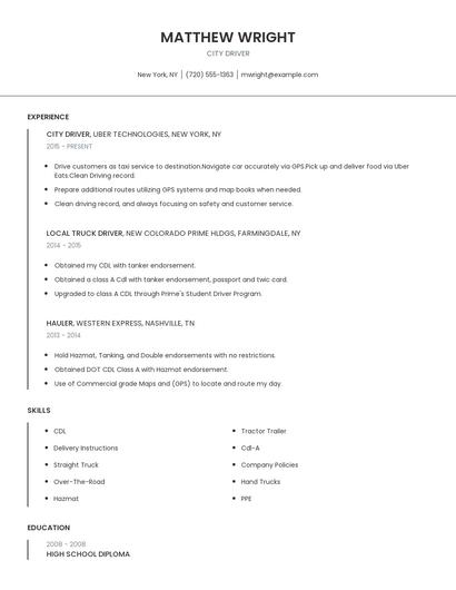 City Driver Resume