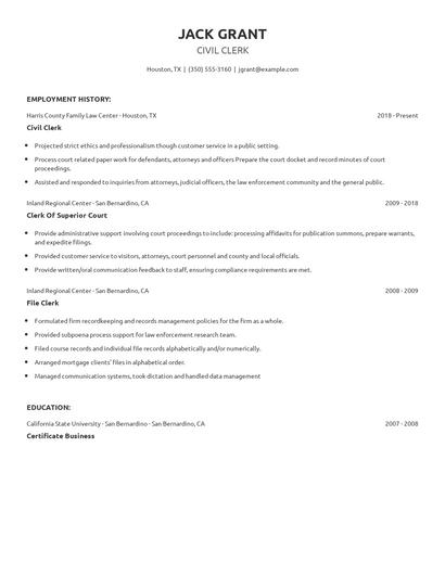 Civil Clerk Resume