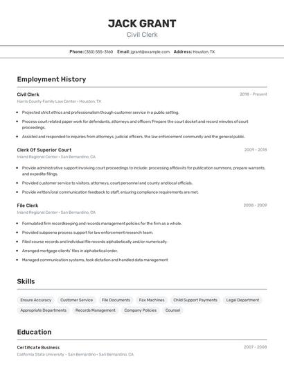 Civil Clerk Resume