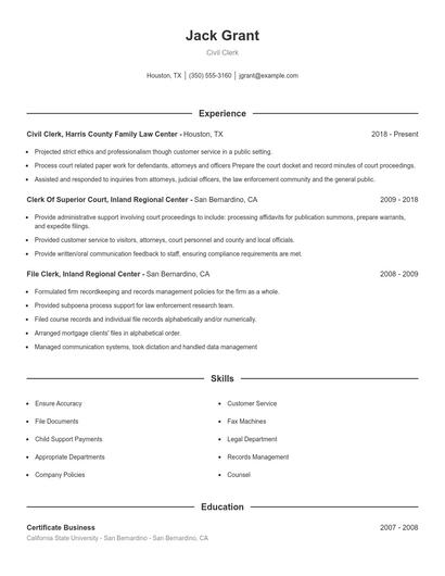 Civil Clerk Resume