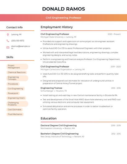 Civil Engineering Professor Resume