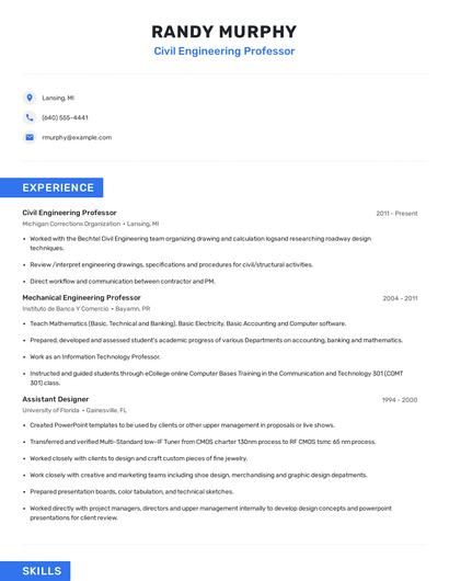Civil Engineering Professor Resume