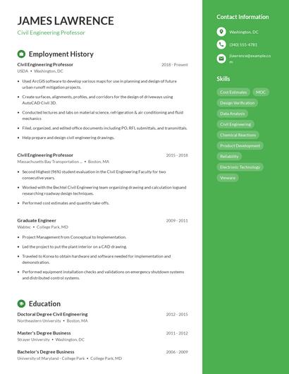 Civil Engineering Professor Resume