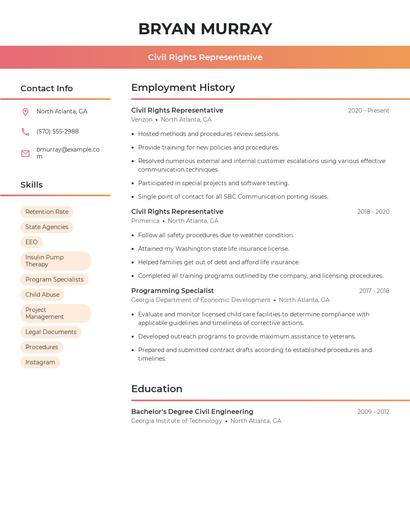 Civil Rights Representative Resume