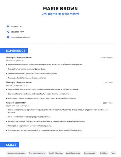 Civil Rights Representative Resume