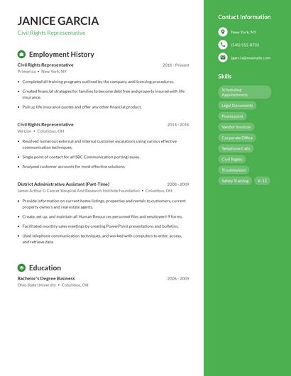 Civil Rights Representative Resume