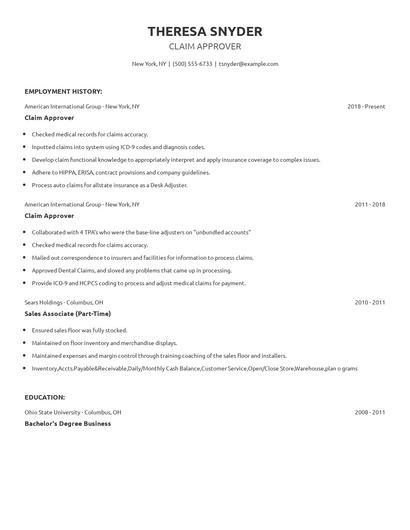 Claim Approver Resume
