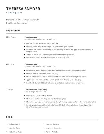 Claim Approver Resume