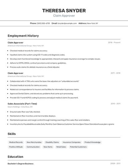Claim Approver Resume