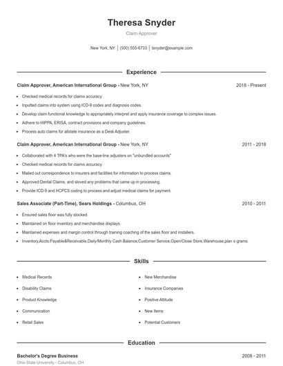 Claim Approver Resume