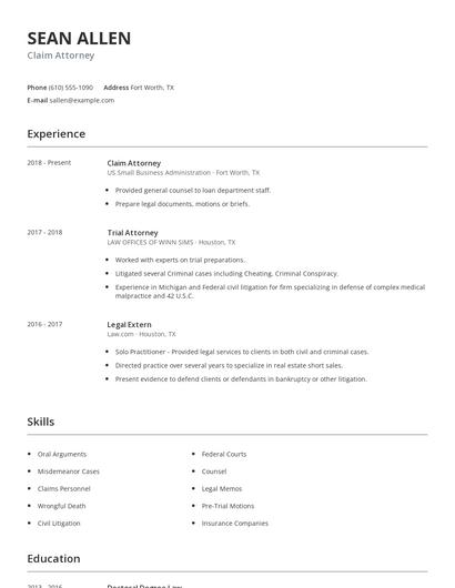 Claim Attorney Resume