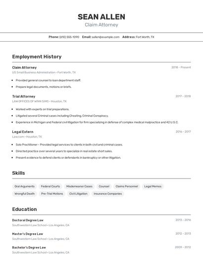 Claim Attorney Resume