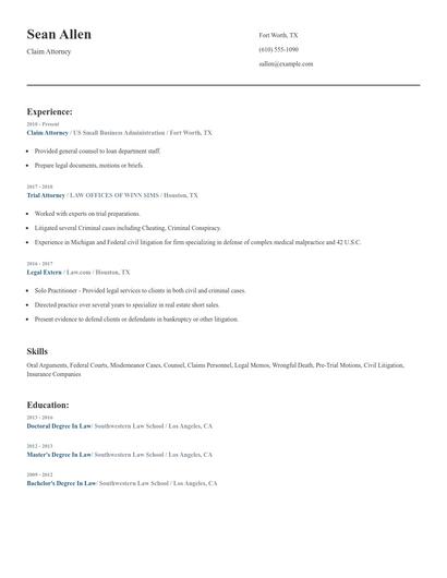 Claim Attorney Resume